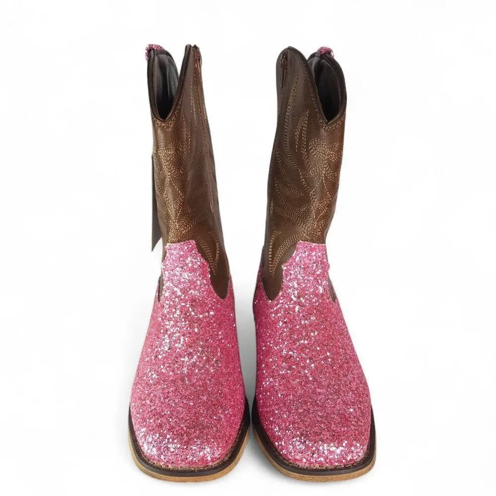 Rollda Sparkle Pink Glitter Faux Leather Western Cowboy Boots NZX38 Youth‎ 5
